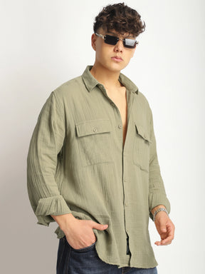 Eton Drift Double Clothe Khaki Full Sleeve Shirt