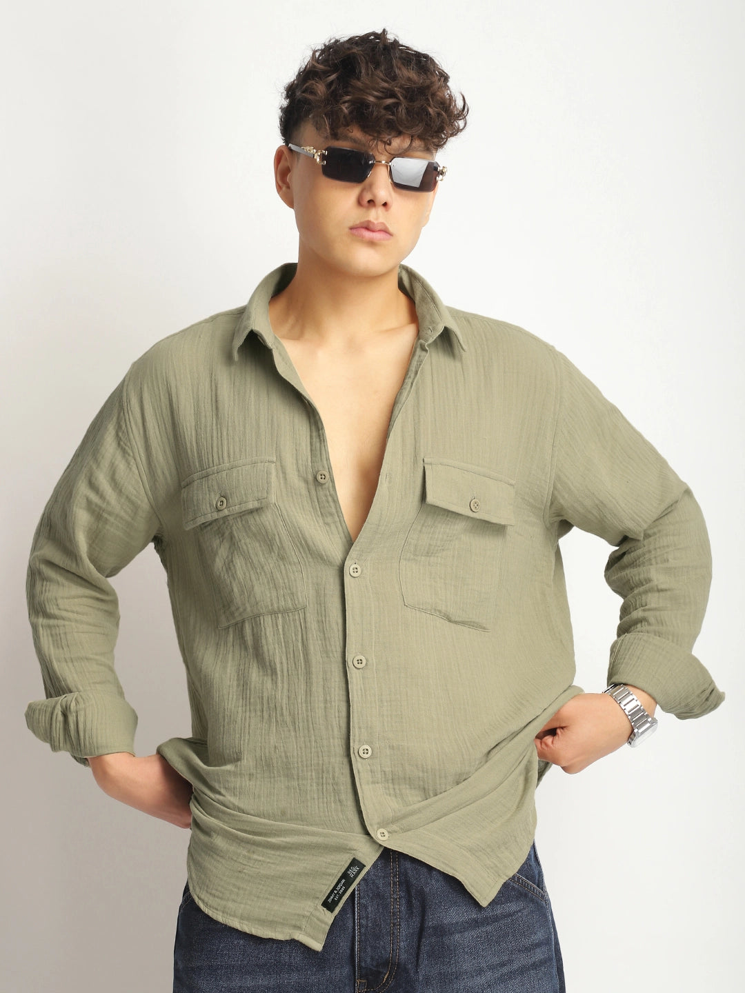 Eton Drift Double Clothe Khaki Full Sleeve Shirt