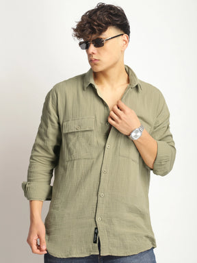 Eton Drift Double Clothe Khaki Full Sleeve Shirt