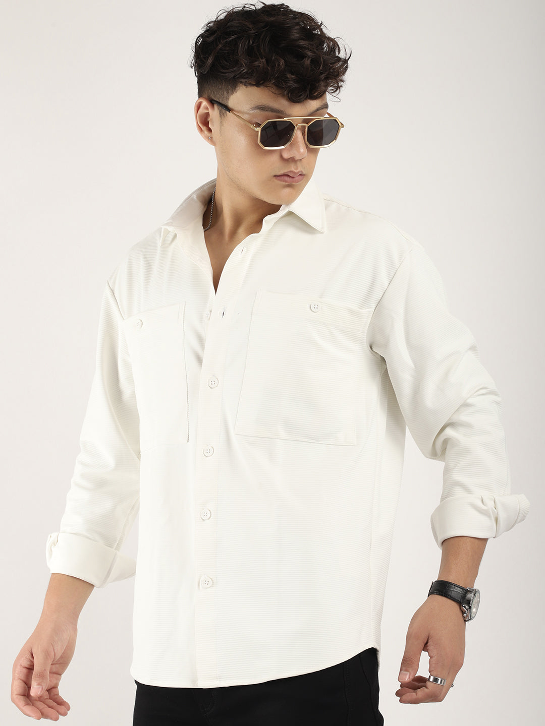 Striper Self White Full Sleeve Shirt