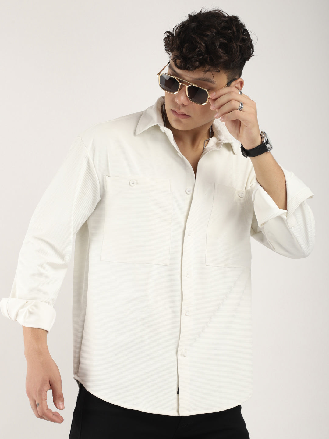 Striper Self White Full Sleeve Shirt