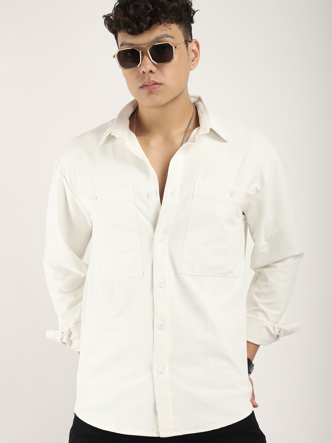 Striper Self White Full Sleeve Shirt