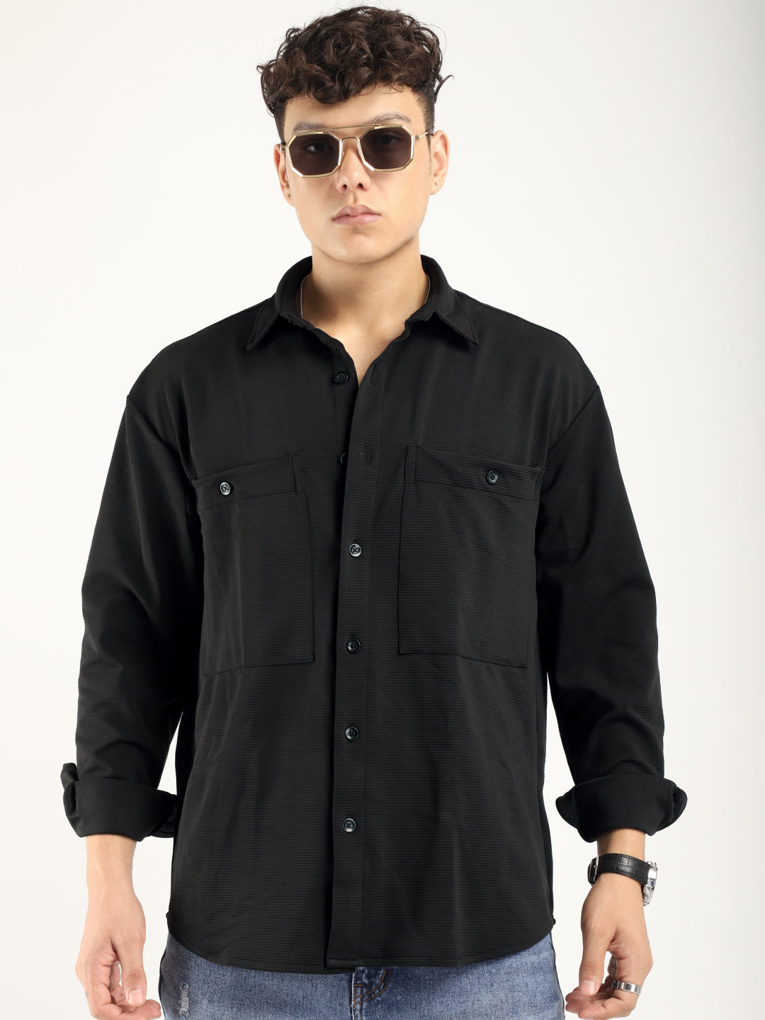 Striper Self Black Full Sleeve Shirt