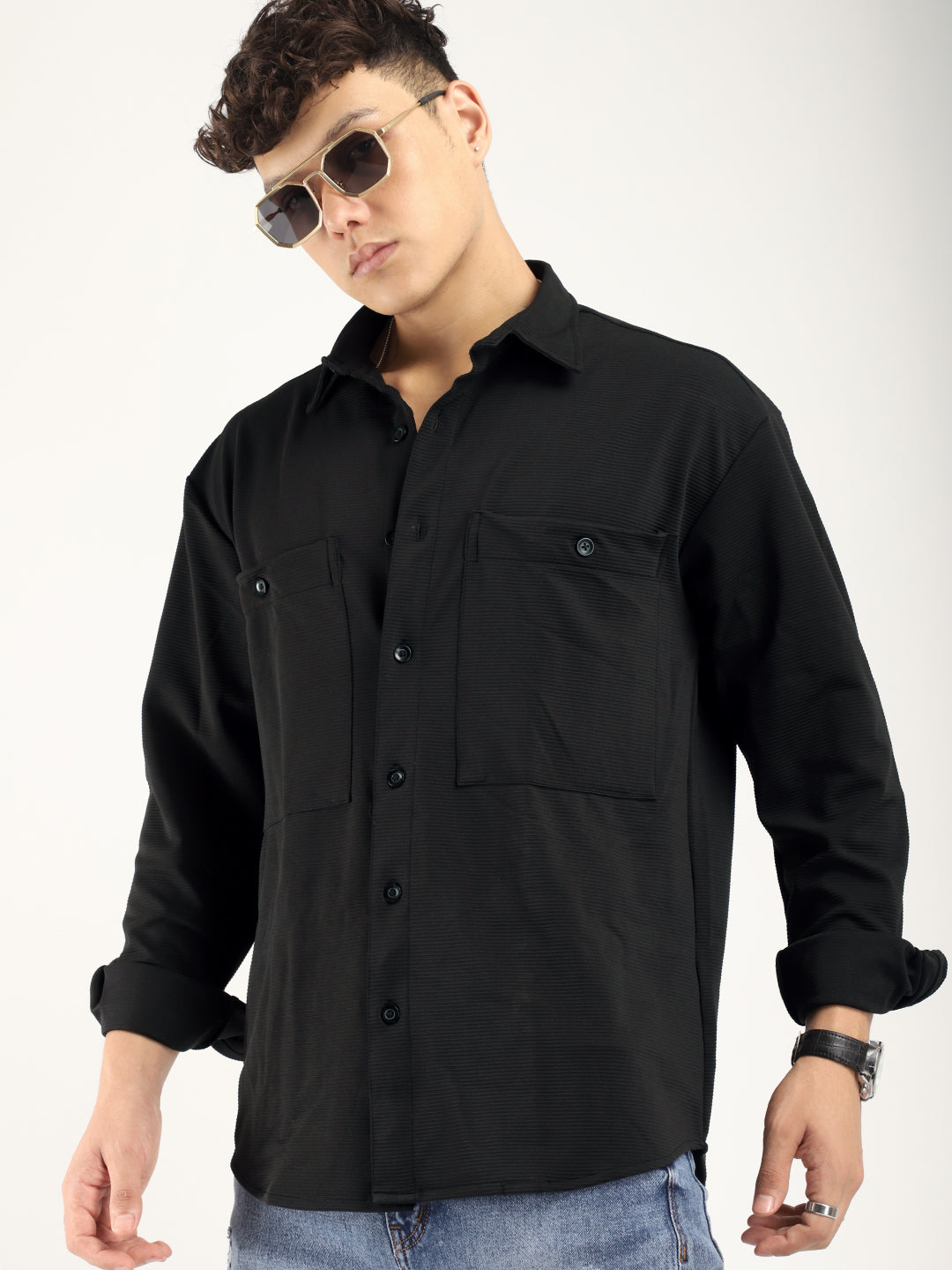 Striper Self Black Full Sleeve Shirt