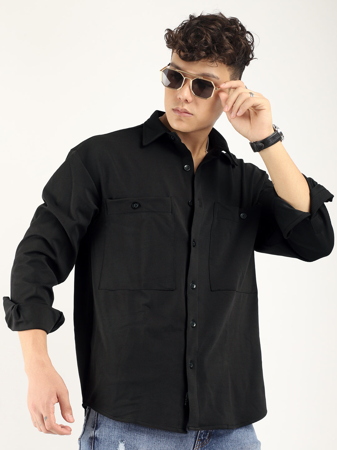 Striper Self Black Full Sleeve Shirt