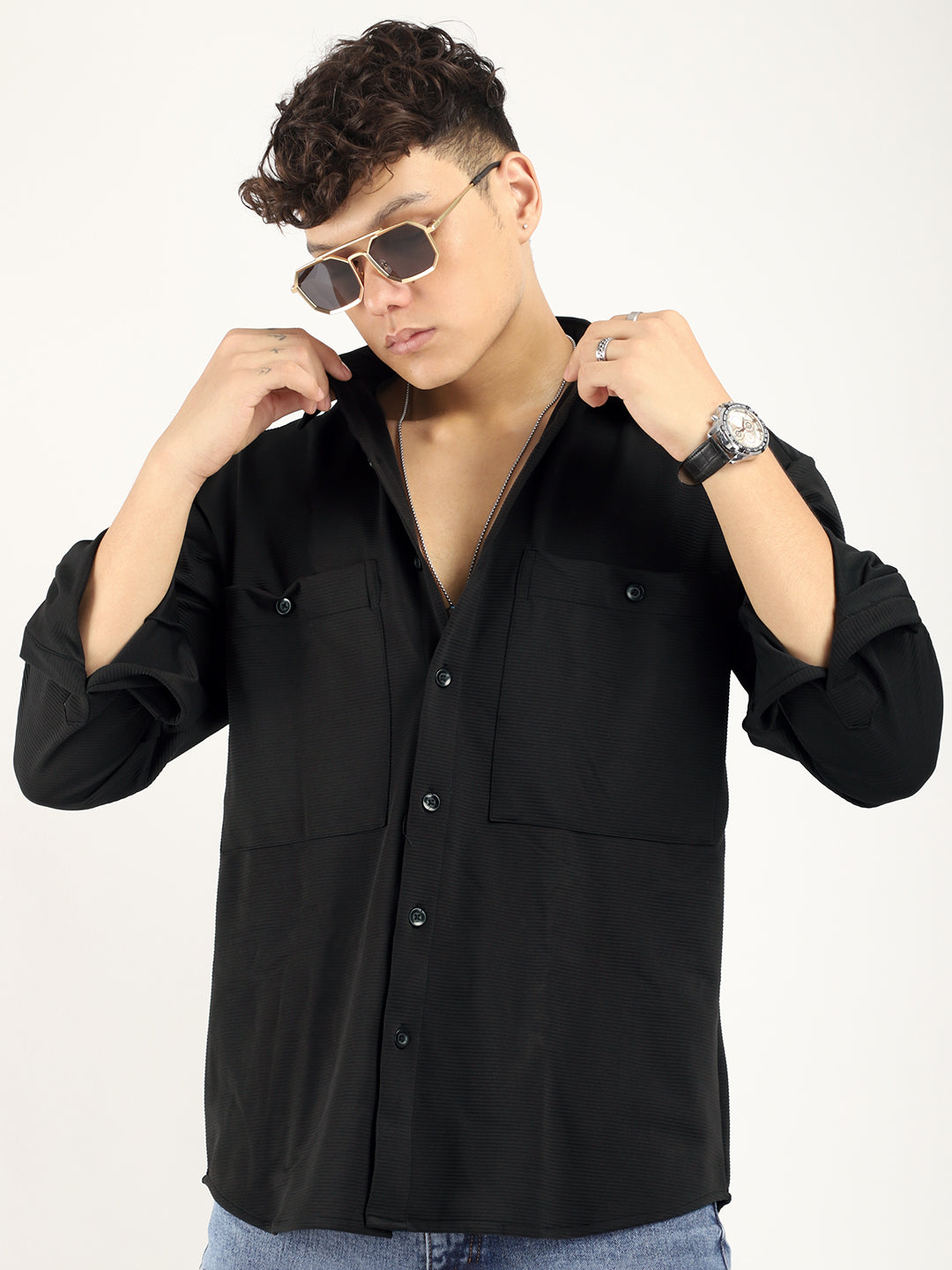 Striper Self Black Full Sleeve Shirt