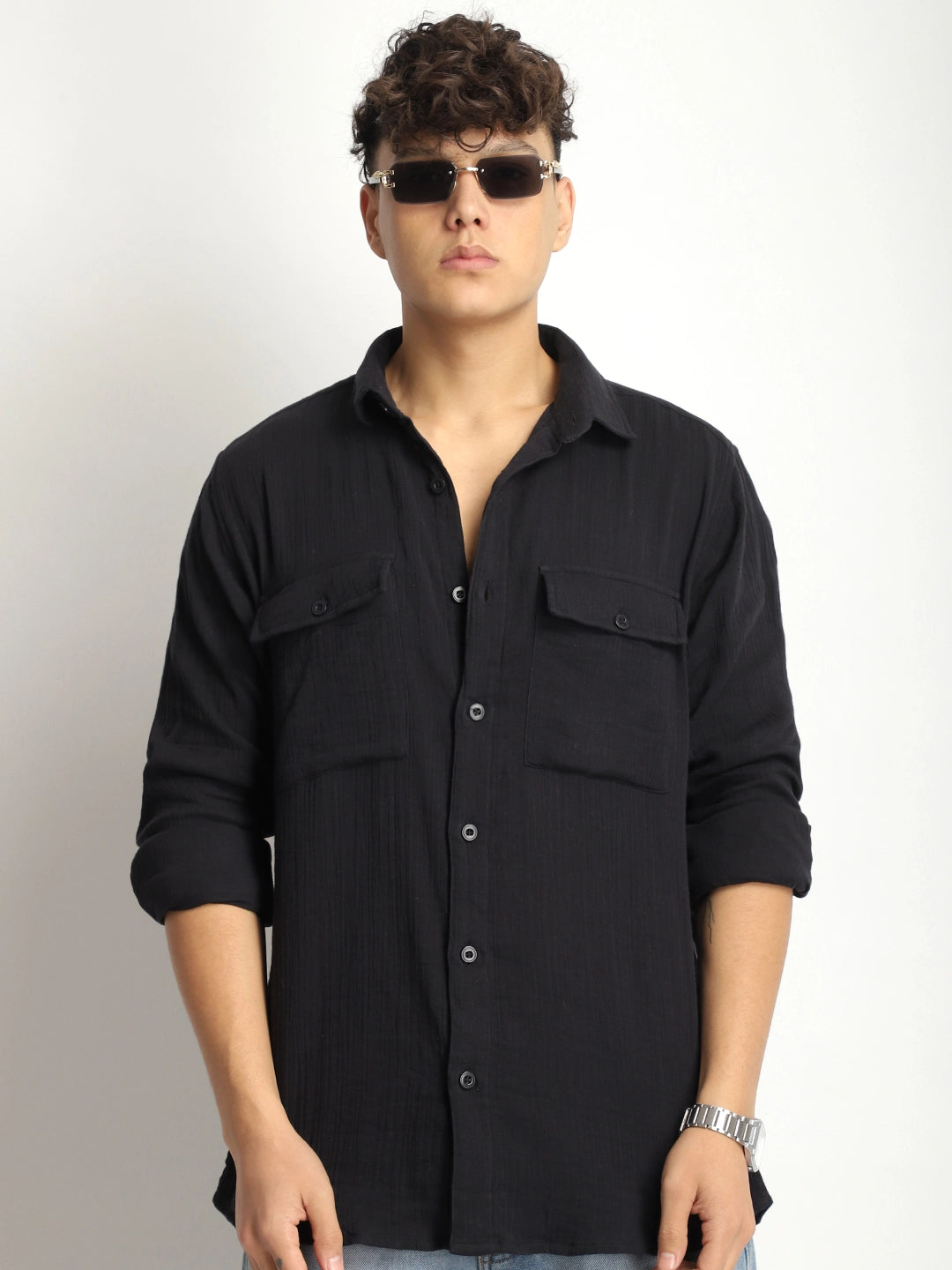 Eton Drift Double Clothe Black Full Sleeve Shirt