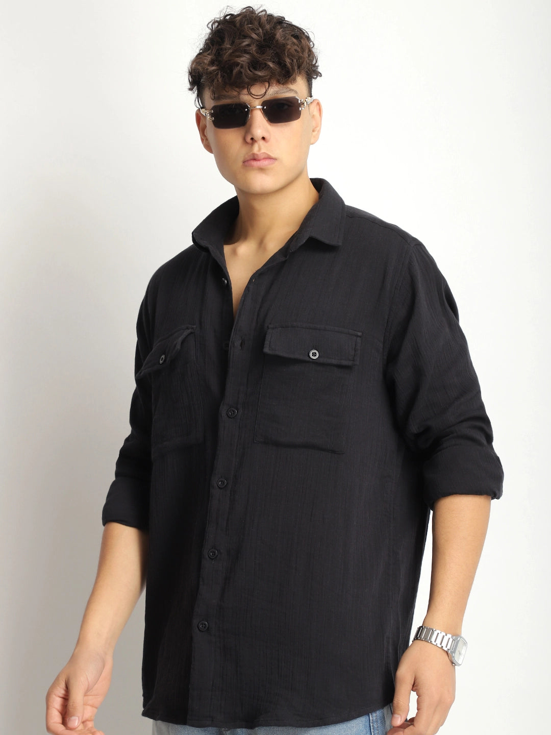 Eton Drift Double Clothe Black Full Sleeve Shirt