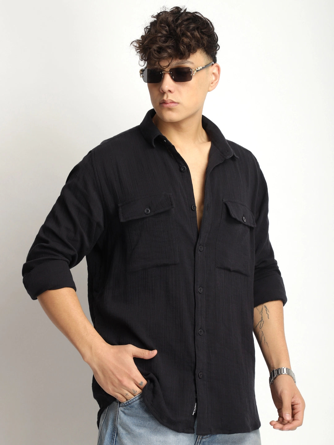 Eton Drift Double Clothe Black Full Sleeve Shirt