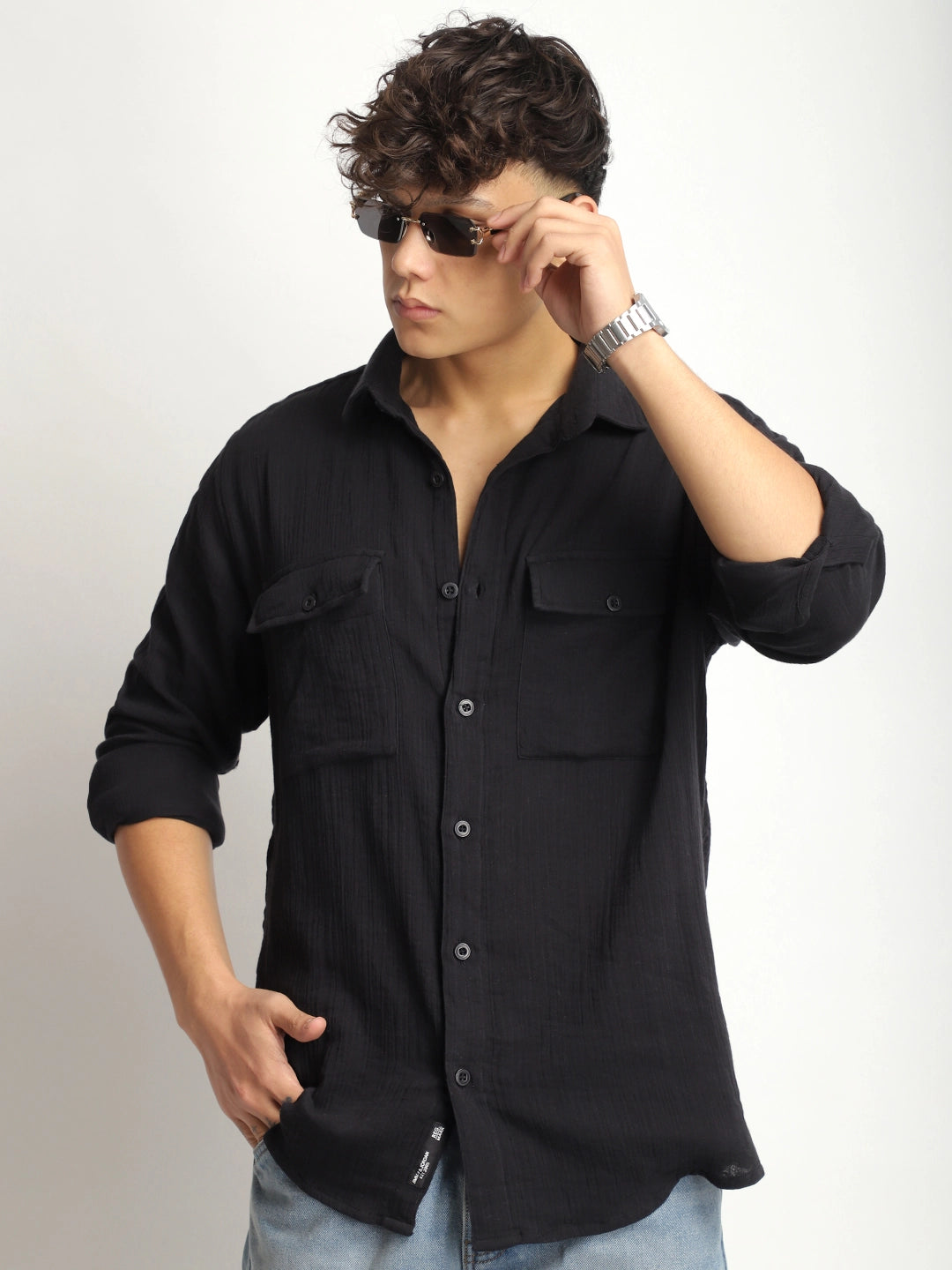 Eton Drift Double Clothe Black Full Sleeve Shirt