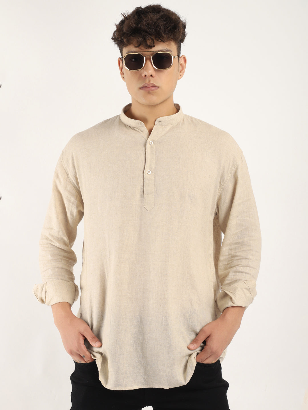 Mandarin Linen Beige Short Kurta