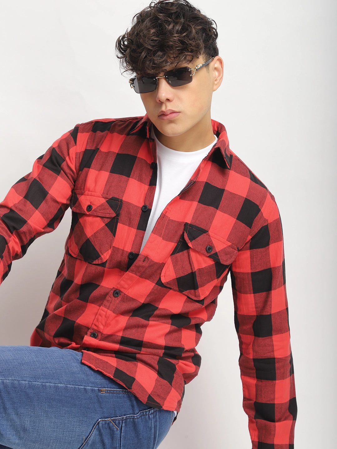 Black Red Check Shirt Men