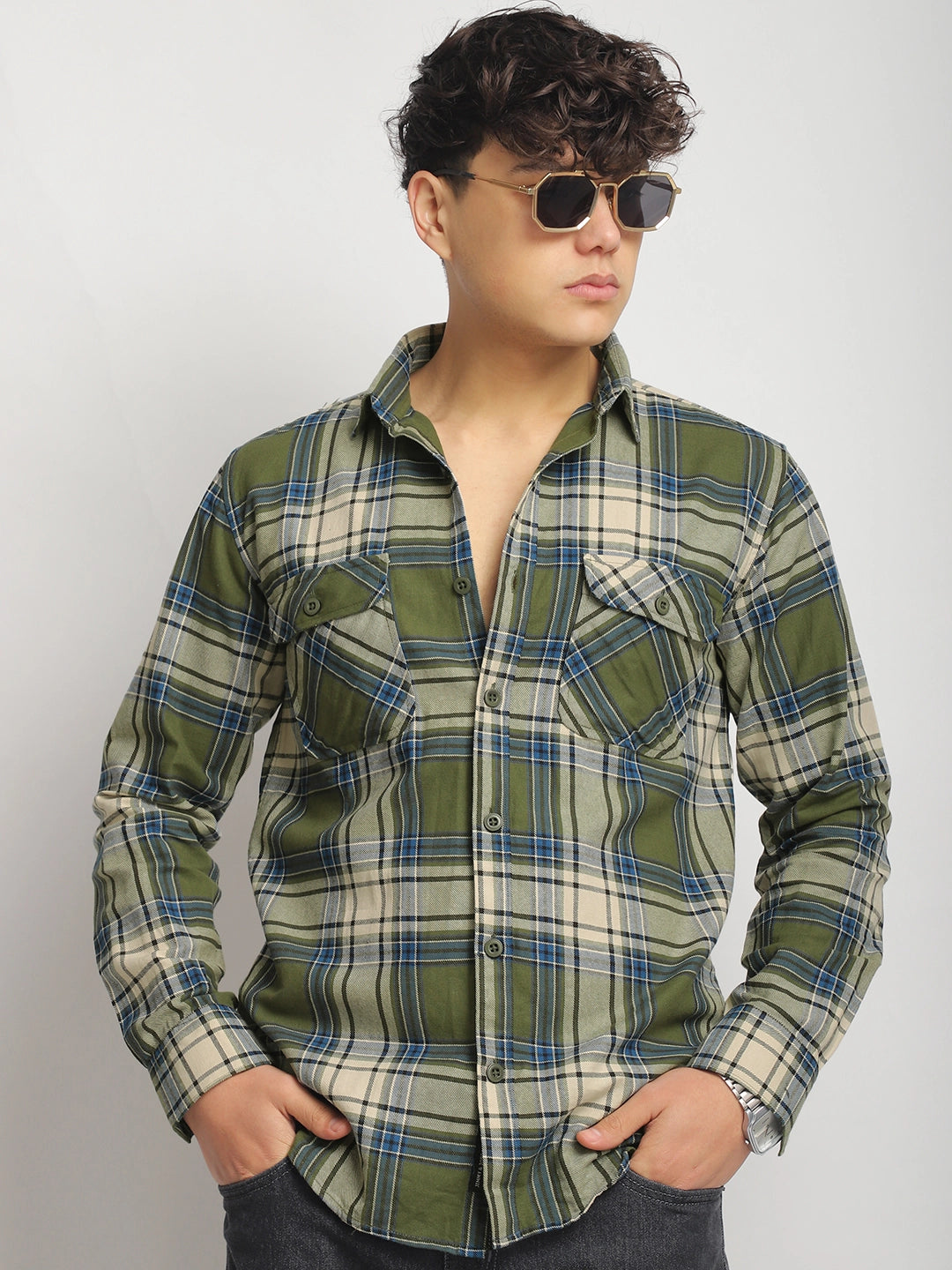 Stich Pulse Mehndi Twill Checked Full Sleeve Shirt