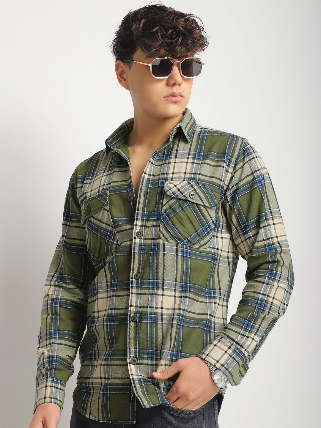 Stich Pulse Mehndi Twill Checked Full Sleeve Shirt