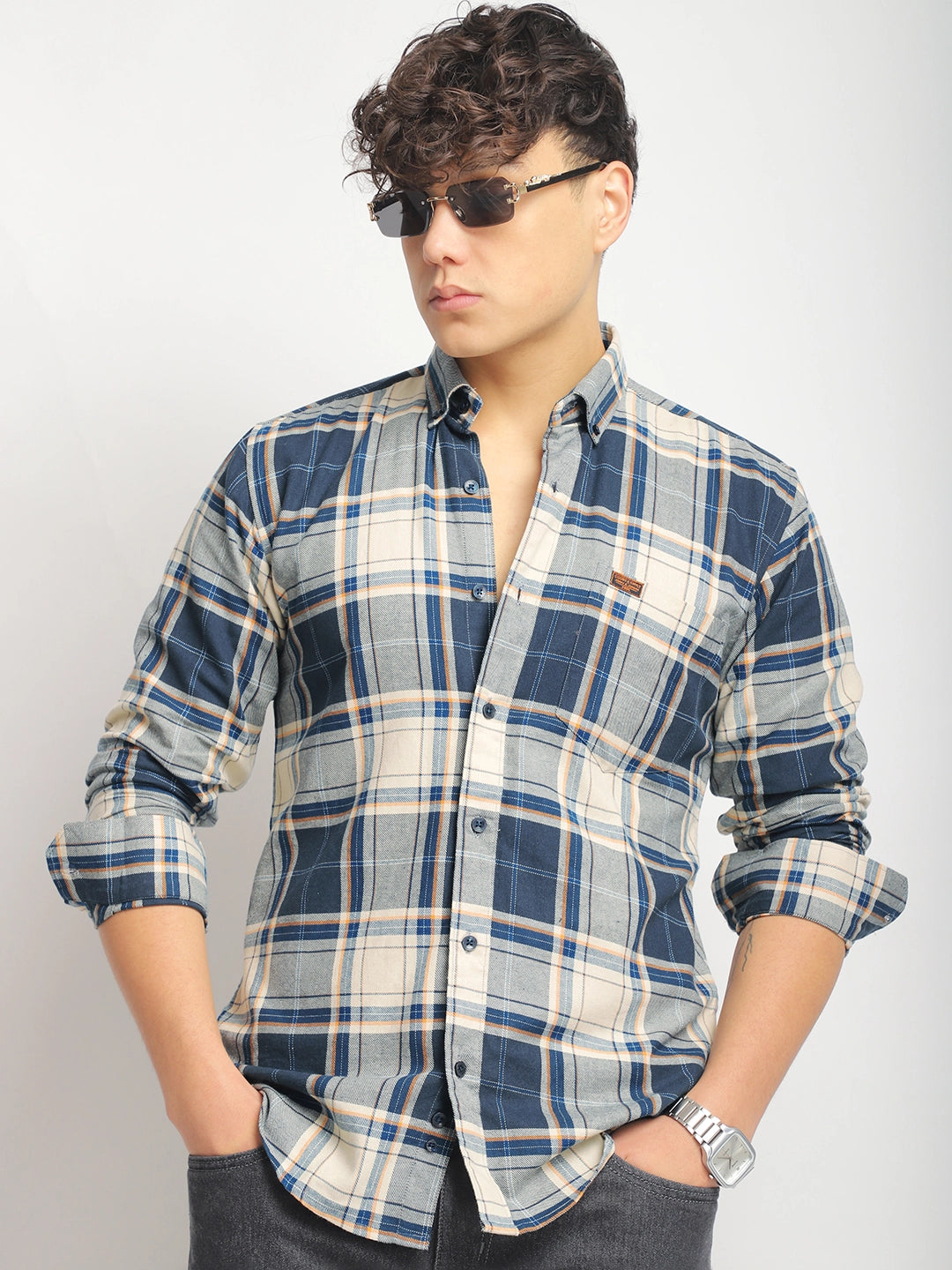 Oxford Drift Off White Teal Heiring Born Check Shirt