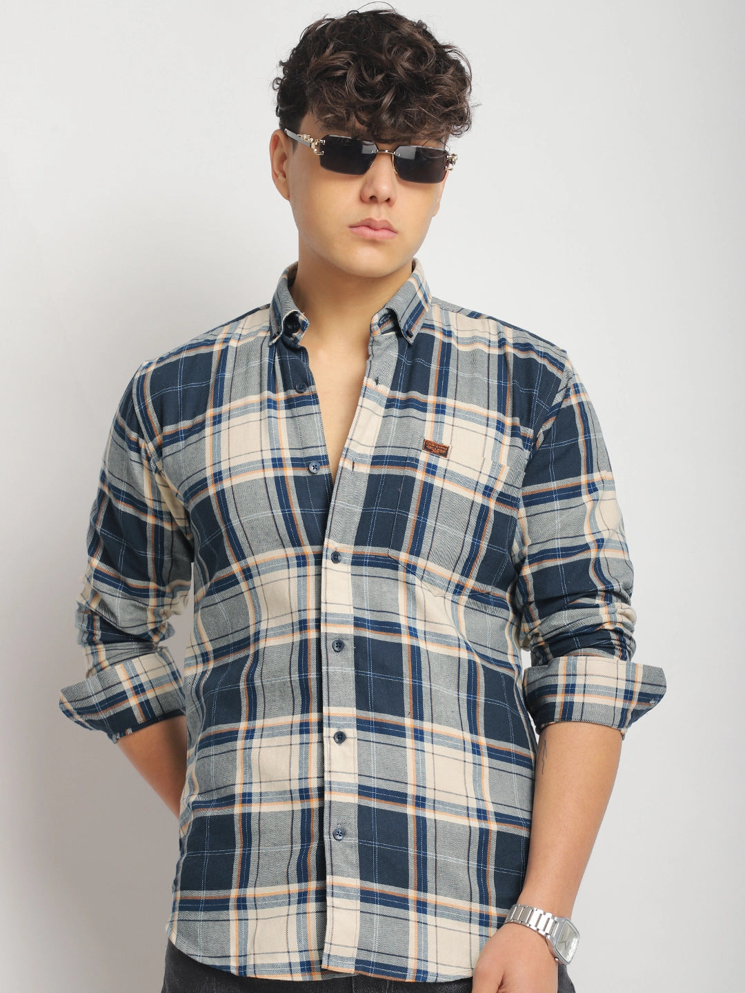 Oxford Drift Off White Teal Heiring Born Check Shirt