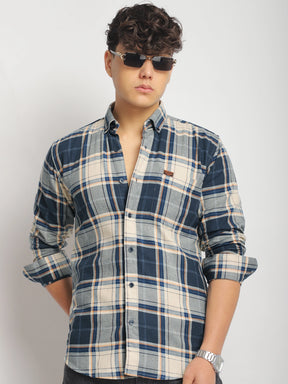 Oxford Drift Off White Teal Heiring Born Check Shirt