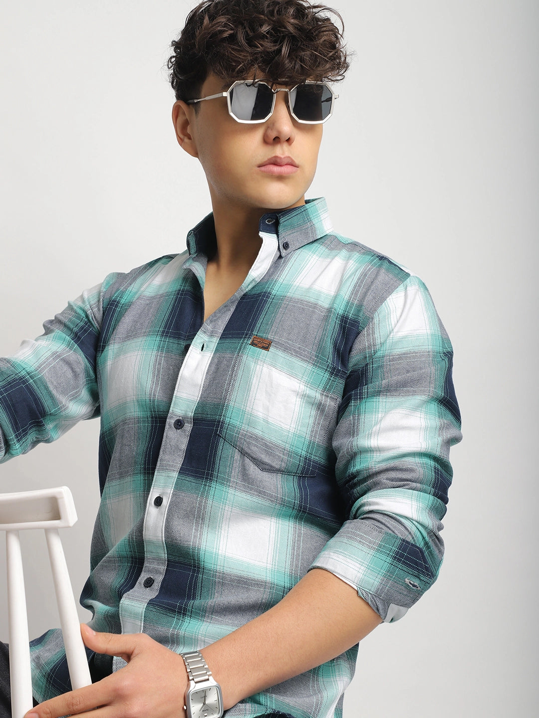 Oxford Drift Green & Navy Heiring Born Check Shirt