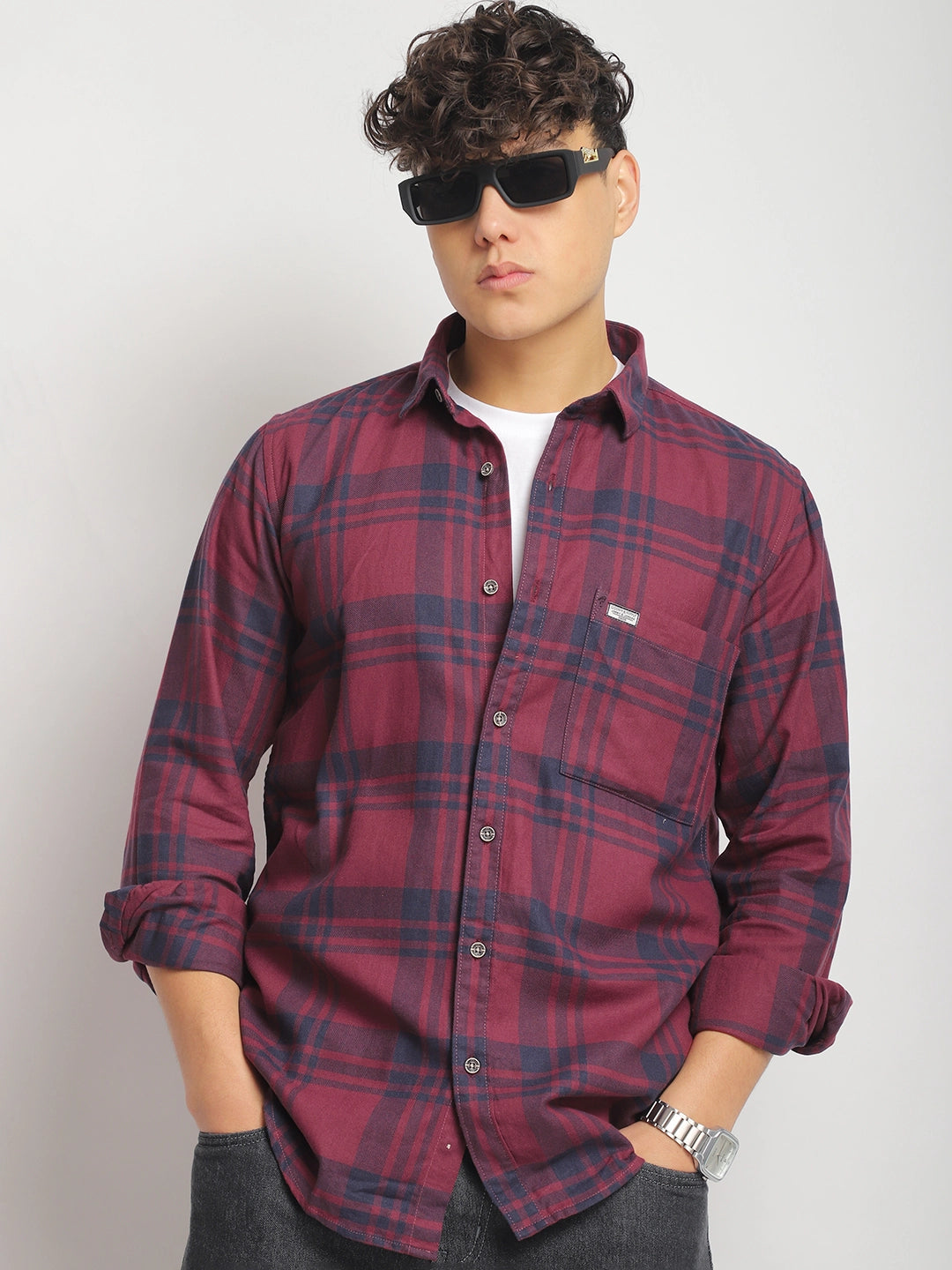 Bristol Breeze Maroon Twill Checked Full Sleeve Shirt