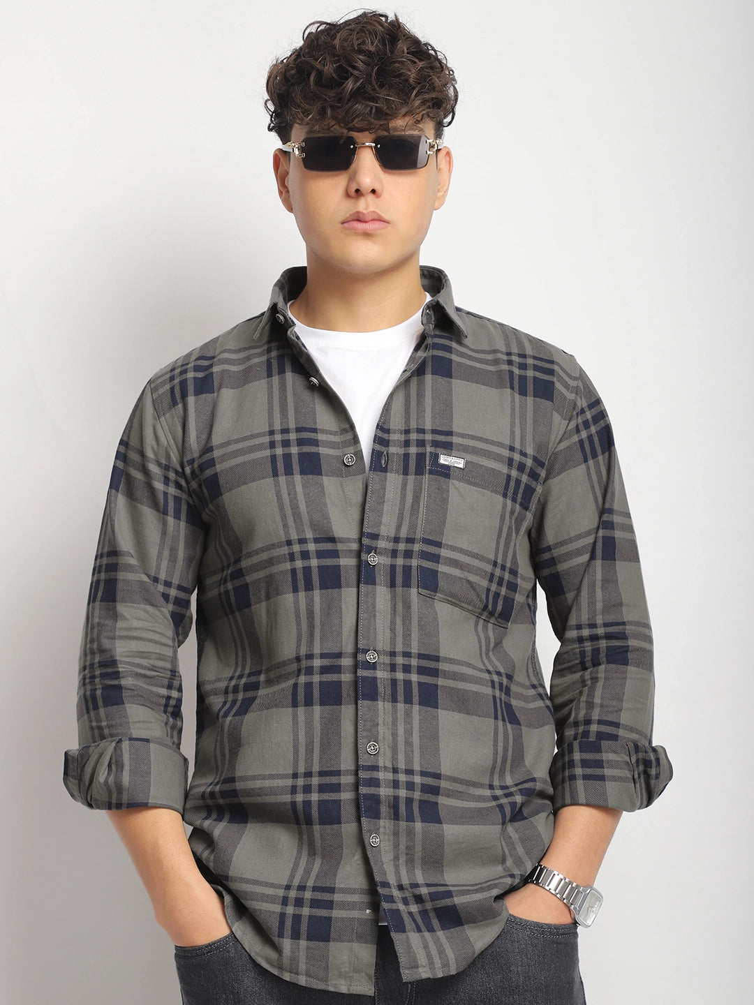 Bristol Breeze Khaki Twill Checked Full Sleeve Shirt