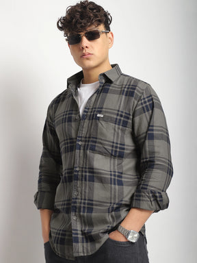 Bristol Breeze Khaki Twill Checked Full Sleeve Shirt