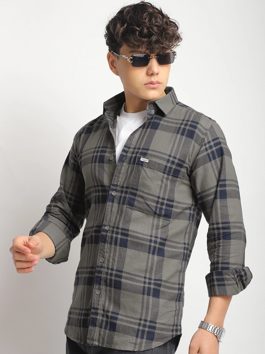 Bristol Breeze Khaki Twill Checked Full Sleeve Shirt