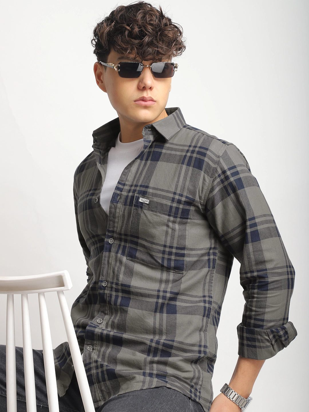 Bristol Breeze Khaki Twill Checked Full Sleeve Shirt