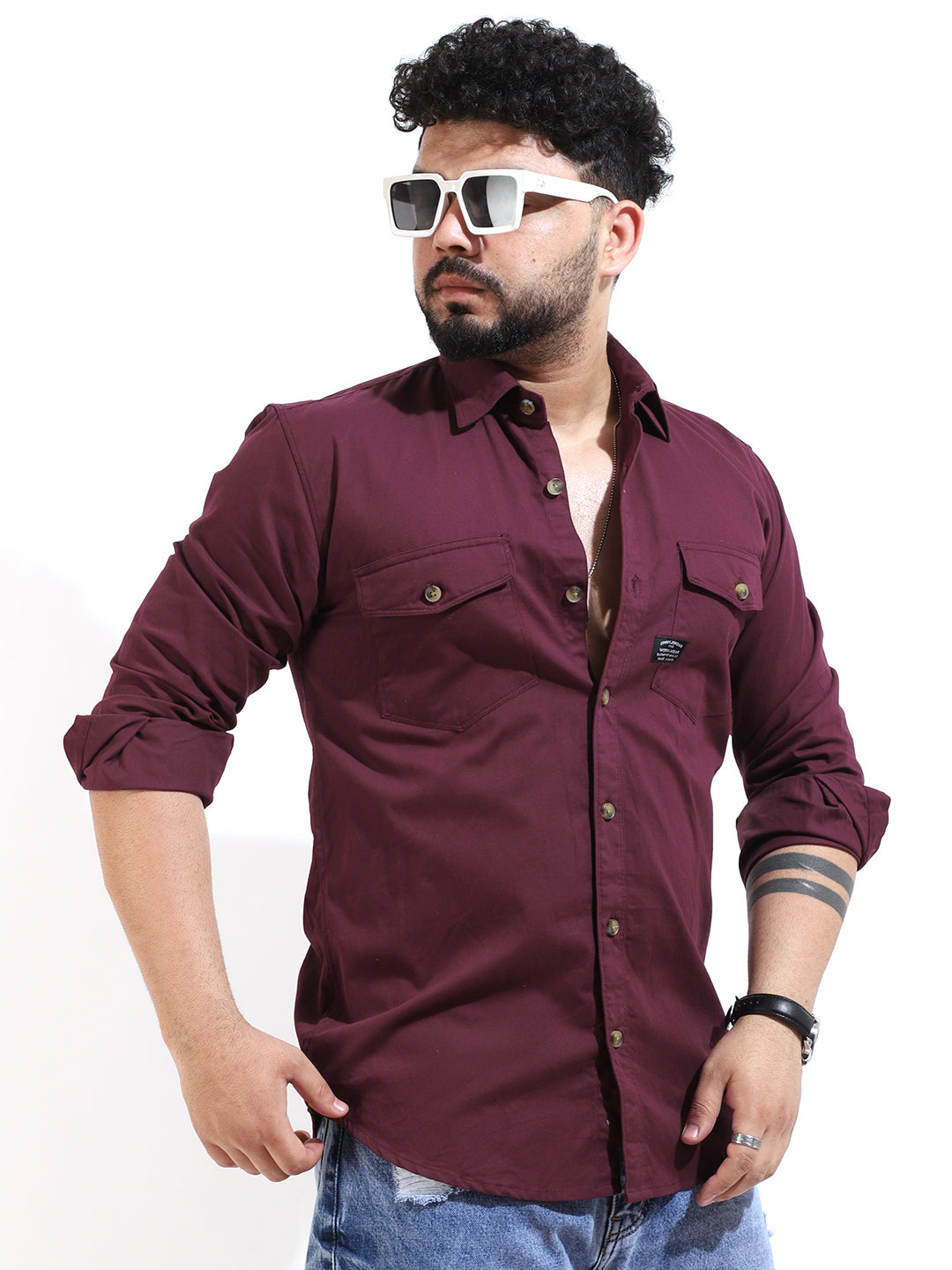 Wine Twill Fabric Cargo Shirt