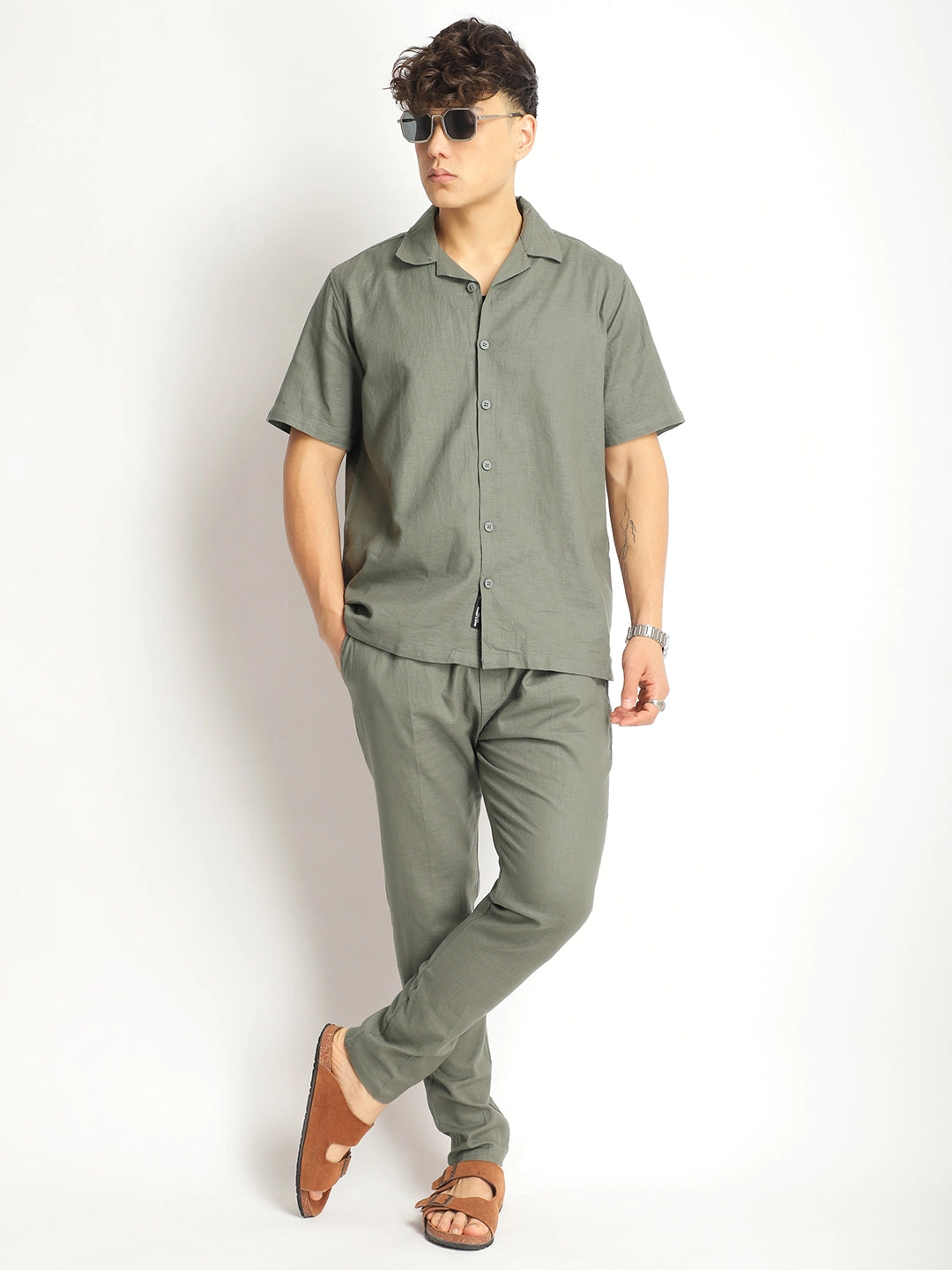 Linen Atlant Olive Green Co-Ord Set