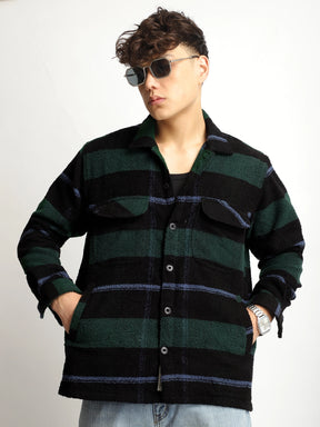 Luxe Lineage Green Pure Wool Towel Knitted Check Shacket