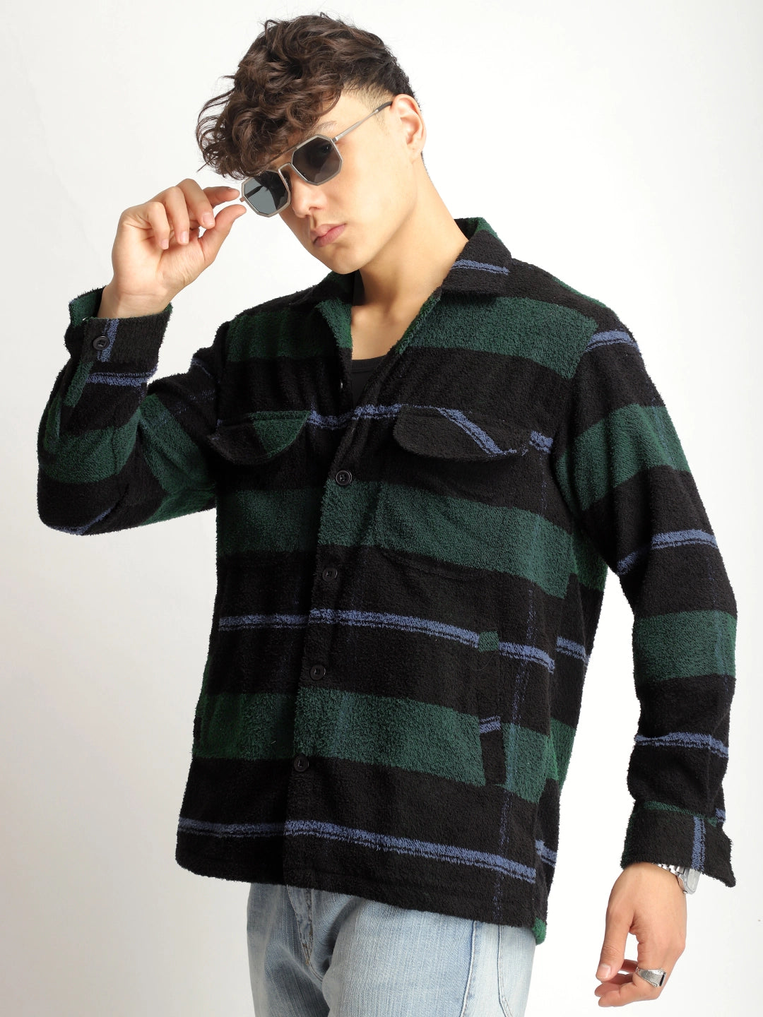 Luxe Lineage Green Pure Wool Towel Knitted Check Shacket