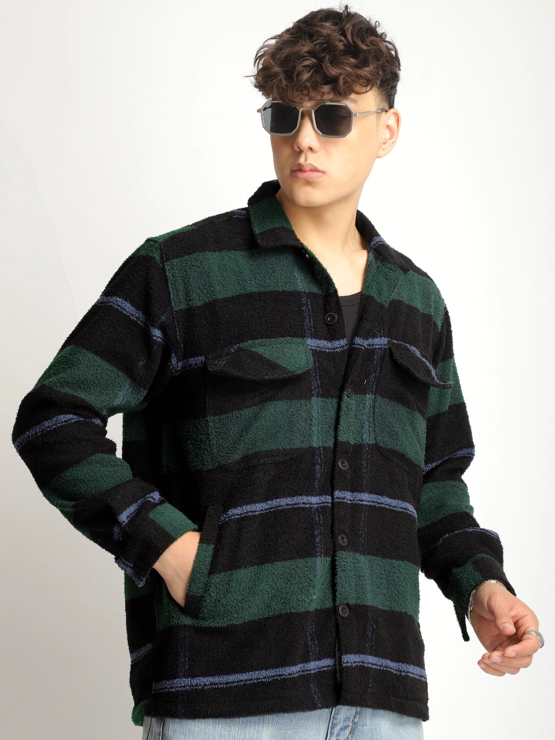 Luxe Lineage Green Pure Wool Towel Knitted Check Shacket