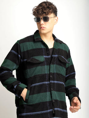 Luxe Lineage Green Pure Wool Towel Knitted Check Shacket