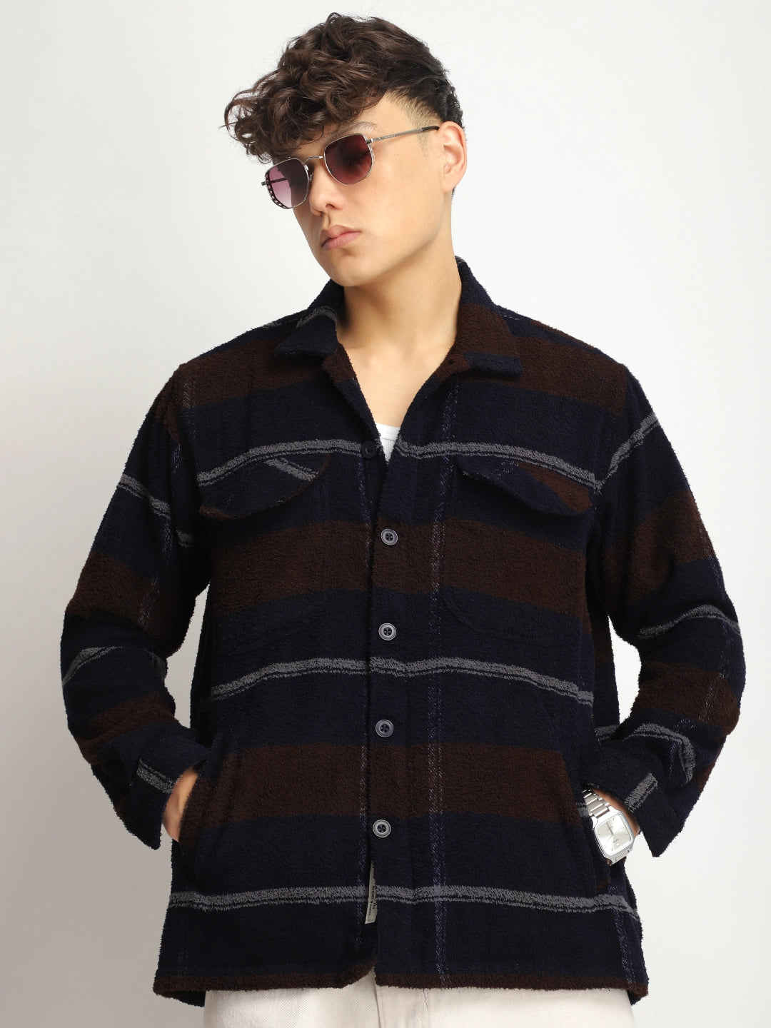 Luxe Lineage Brown Pure Wool Towel Knitted Check Shacket