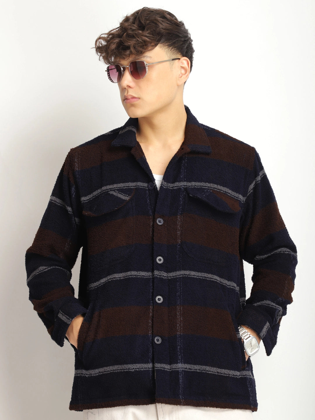 Luxe Lineage Brown Pure Wool Towel Knitted Check Shacket