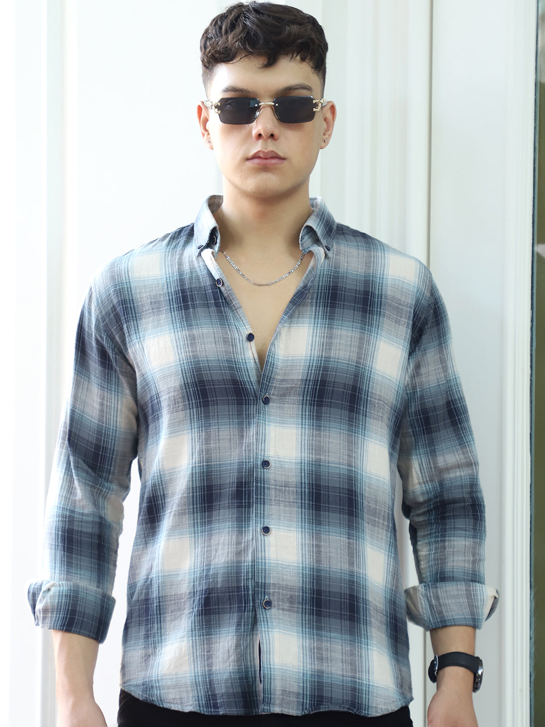 Obsidian   Blue   Cotton  Check  Shirt