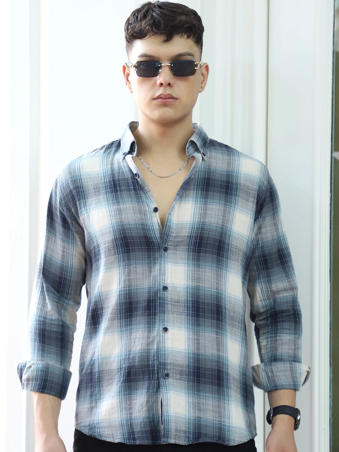 Obsidian Blue Cotton Check Shirt