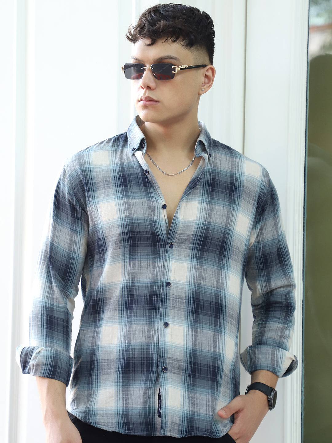 Obsidian   Blue   Cotton  Check  Shirt