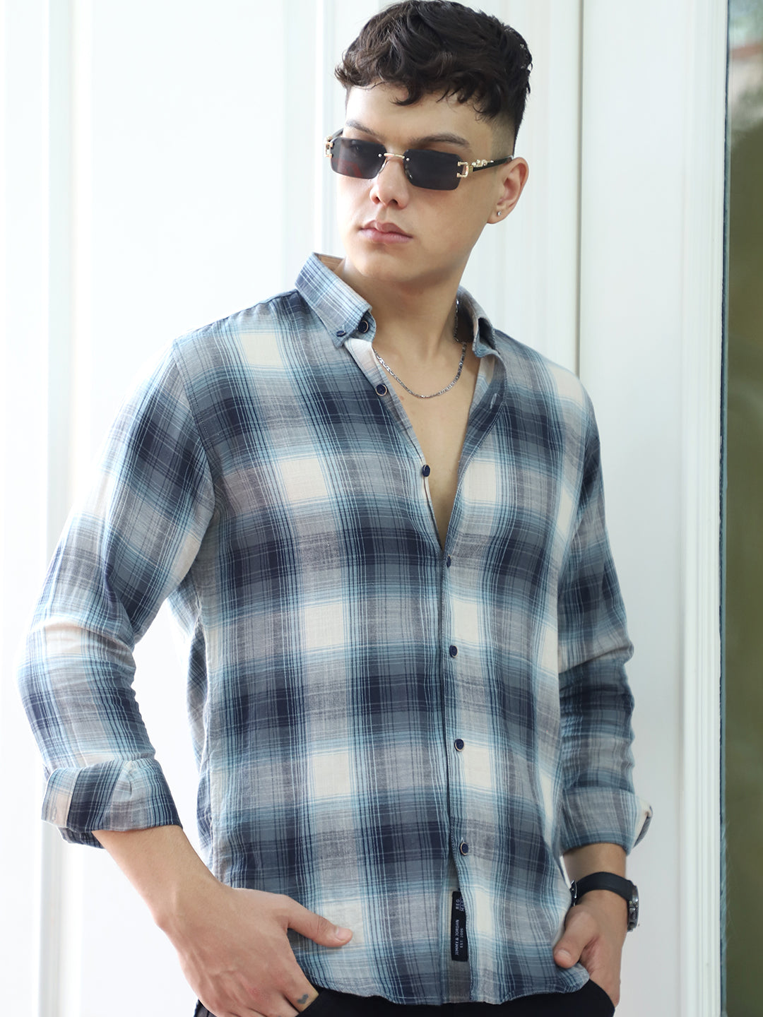 Obsidian   Blue   Cotton  Check  Shirt