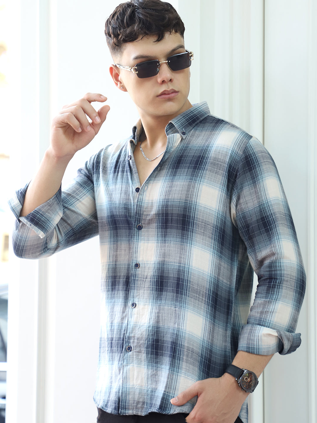 Obsidian   Blue   Cotton  Check  Shirt
