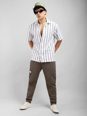 White Jute Knitted Stripe Half Sleeve Shirt