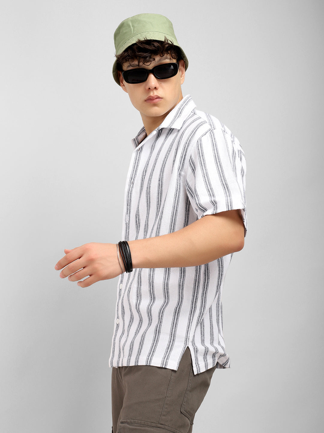 White Jute Knitted Stripe Half Sleeve Shirt