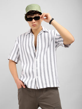 White Jute Knitted Stripe Half Sleeve Shirt