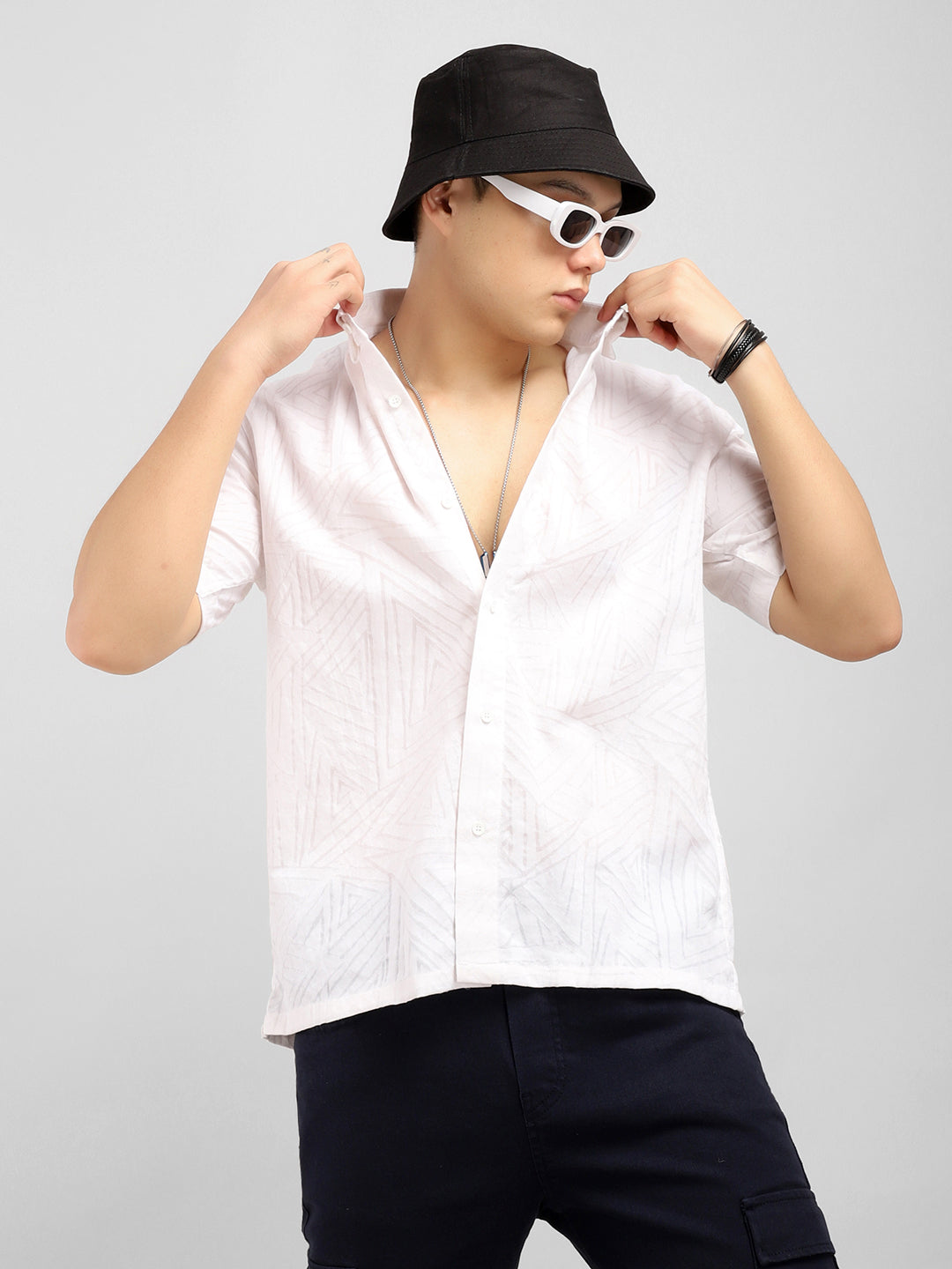 Slumberquilt White Self-Design Half Sleeve Shirt