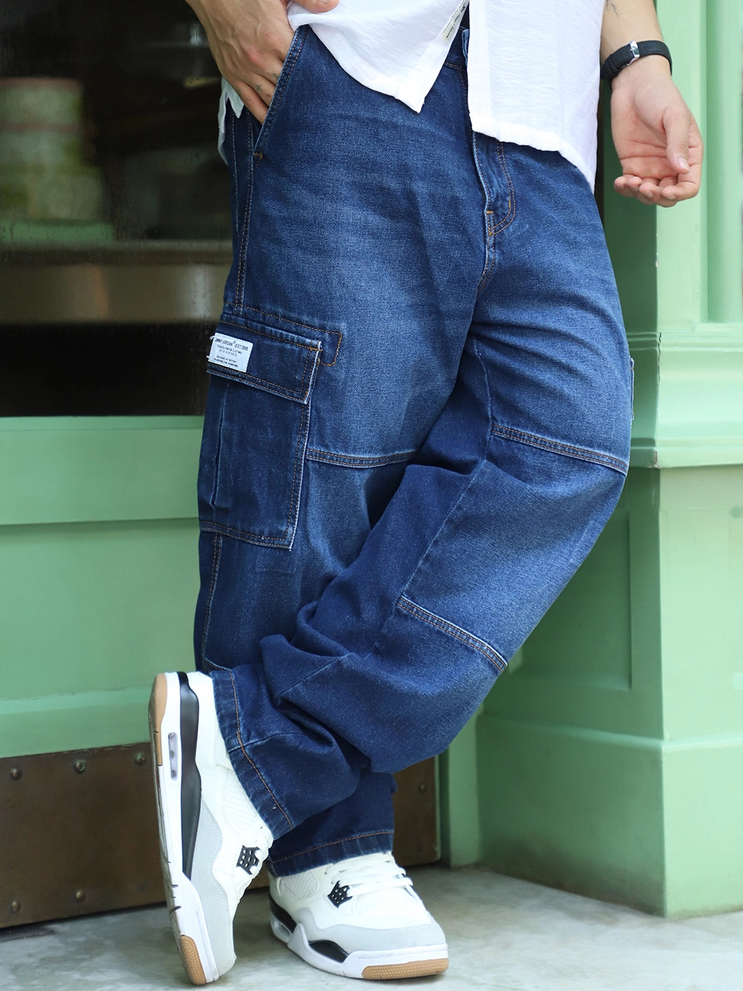 Noir Yale Blue Baggy Fit Denim Cargo Bold Streetwear Look