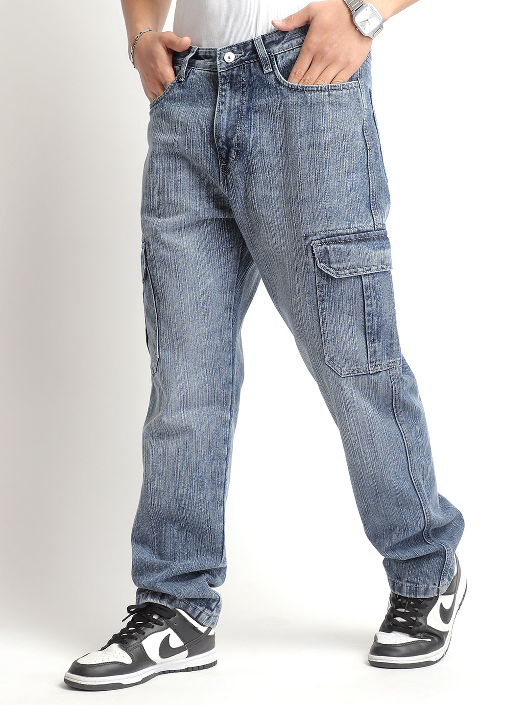 Caventor Light Grey Baggy Fit Denim Cargo