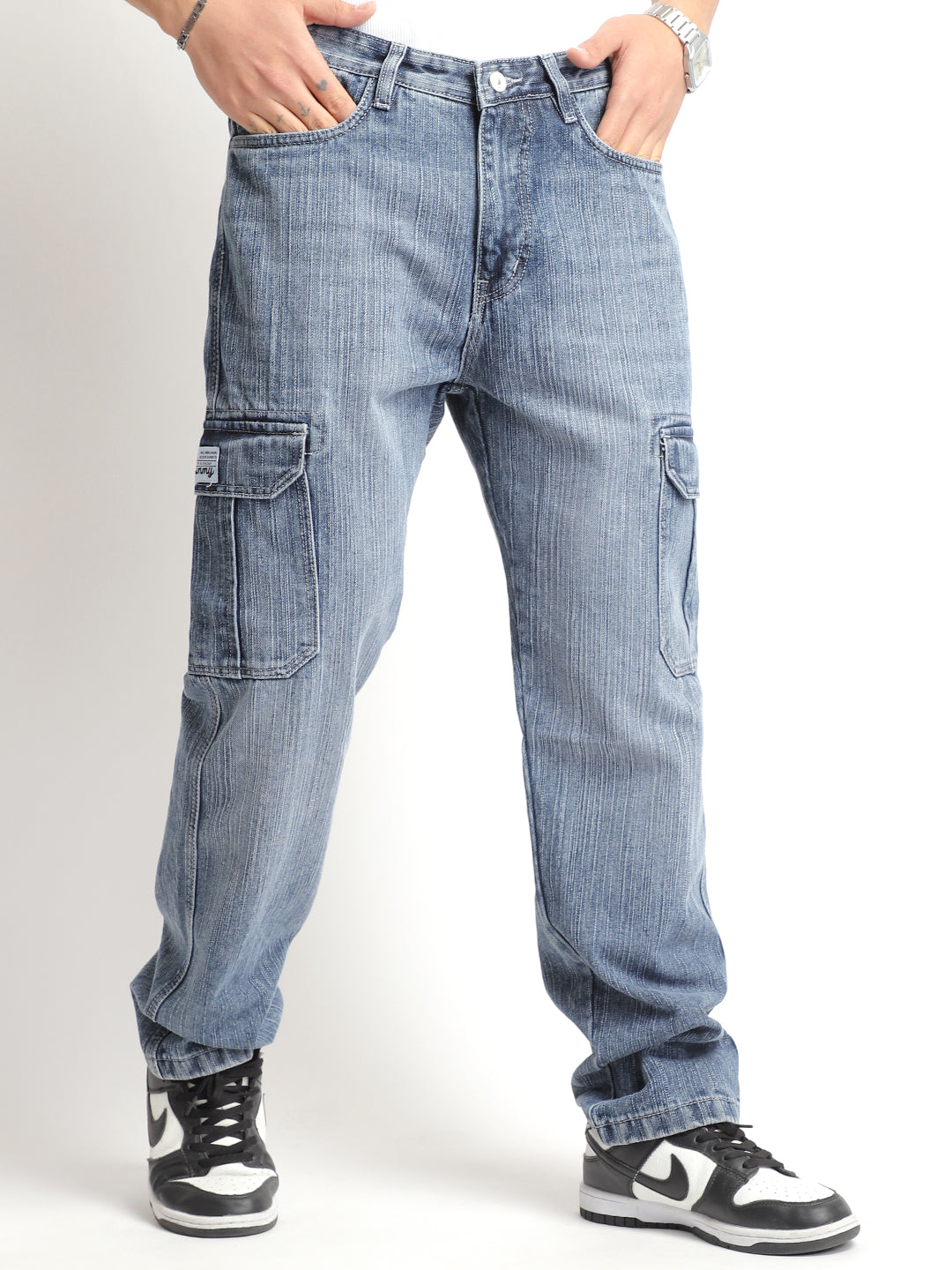 Caventor Light Grey Baggy Fit Denim Cargo