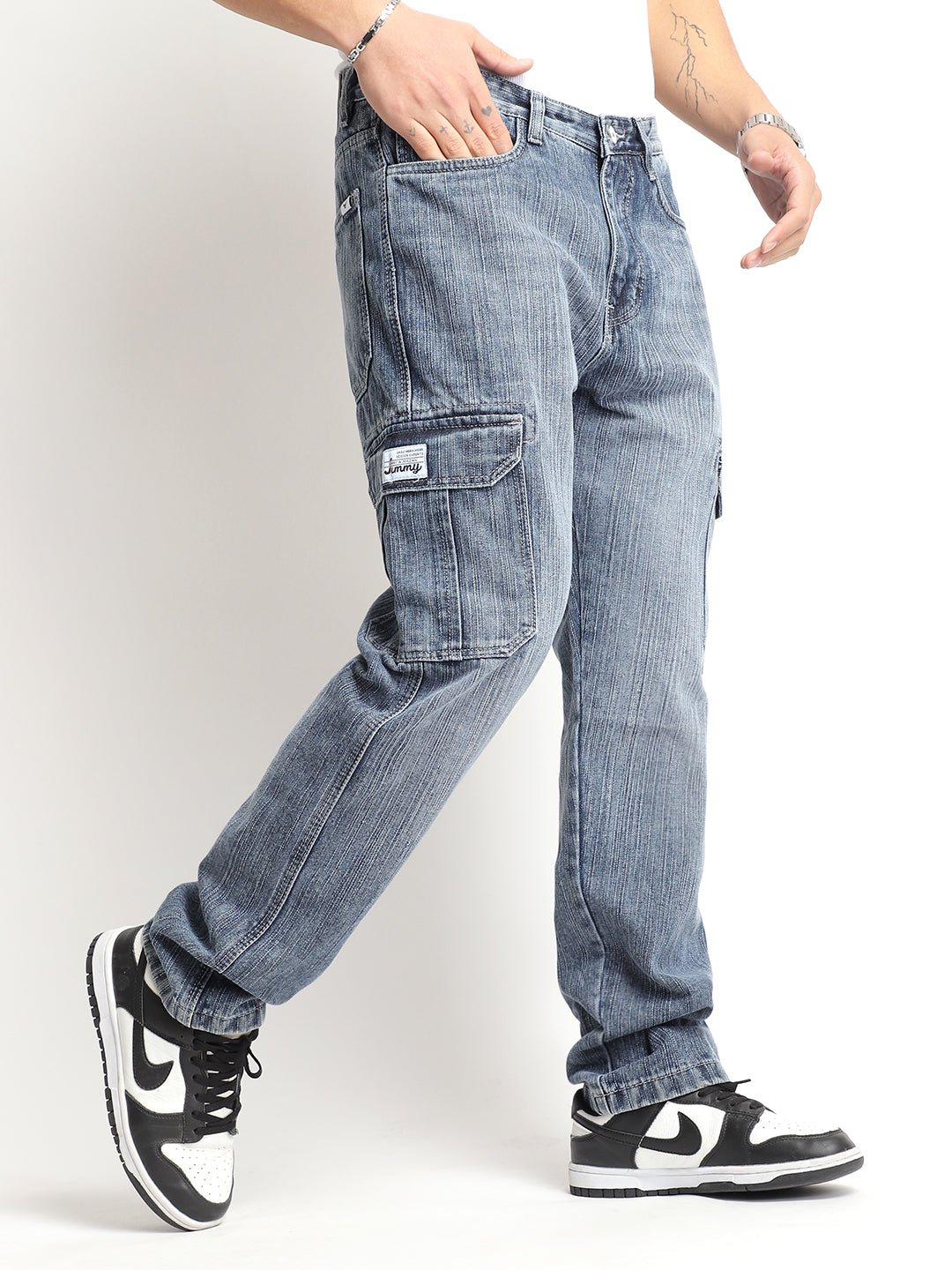 Caventor Light Grey Baggy Fit Denim Cargo