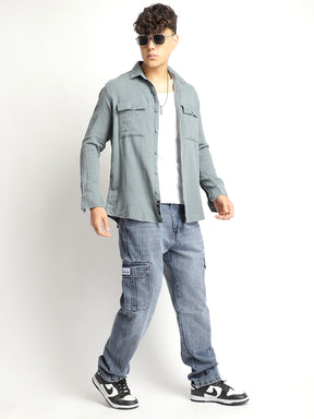 Caventor Light Grey Baggy Fit Denim Cargo