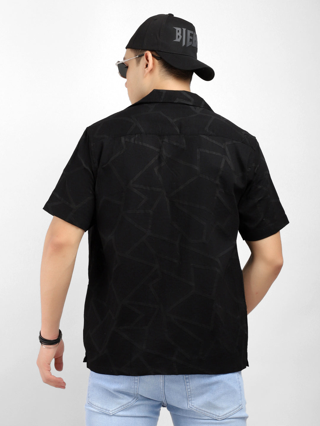 Quiltrend Black Self Design Half Sleeve Shirt